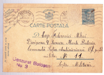 AMS# - CARTE POSTALA CENZURAT BOTOSANI - NR. 3, 1942 foto