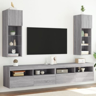 vidaXL Comode TV cu lumini LED, 2 buc., gri sonoma, 30,5x30x90 cm foto