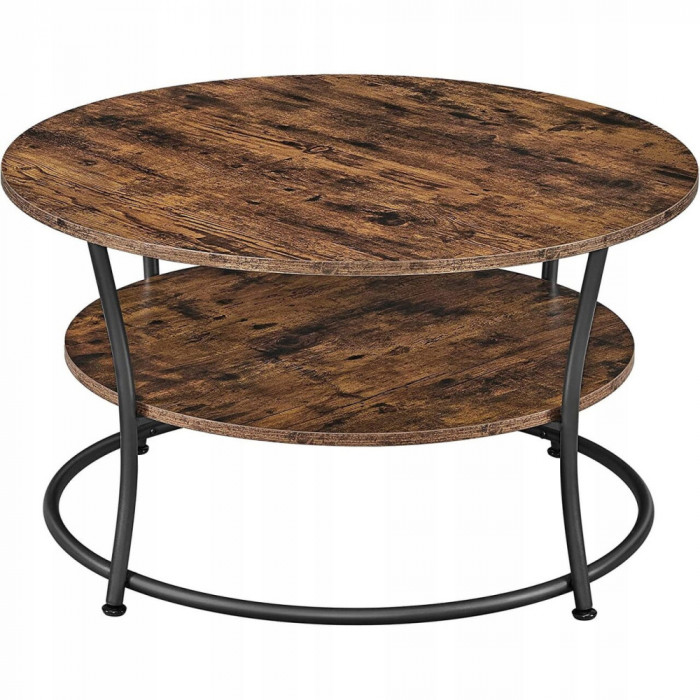 Masa pentru sufragerie/living, Artool, rotunda, pal, metal, cu raft depozitare, maro rustic si negru, 80x45 cm