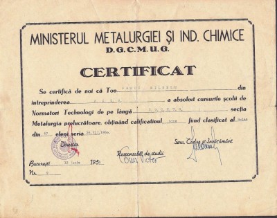 A3365N Certificat de normator tehnolog &amp;icirc;n metalurgia prelucrătoare, 1951 foto