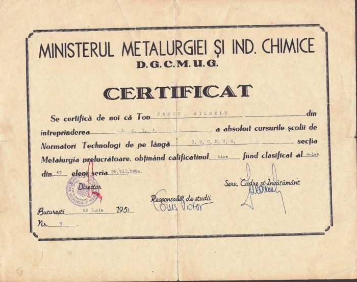 A3365N Certificat de normator tehnolog &icirc;n metalurgia prelucrătoare, 1951