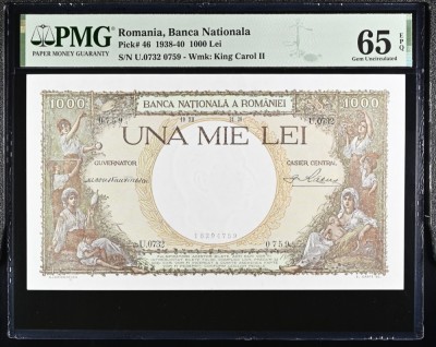 1000 lei 1938 PMG65 UNC bancnota gradata foto