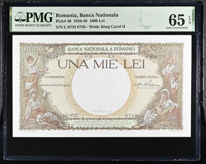 1000 lei 1938 PMG65 UNC bancnota gradata