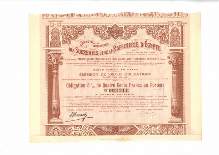 Obligațiune Soci&eacute;t&eacute; generale des sucres et de la raffinerie d&#039;Egypte, 1906