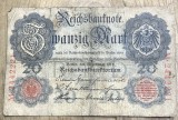 BNKSTR03DE Bancnotă Veche Germania 20 Mark 1907 (Reichsbanknote), Perioada Imperială, Vulturul German, Colecție / Numismatică