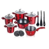 Set 15 piese 6 vase Gatit Aluminiu Marmorat Inductie Grunberg GR2715R Rosu