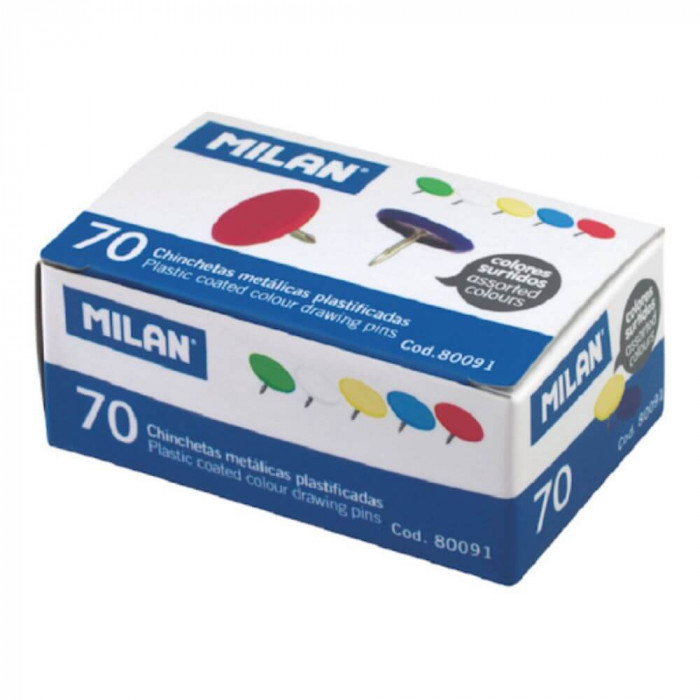 Pioneze Color Milan, 11 mm, 70 Buc/Cutie, Diferite Culori, Pioneza cu Cap Plat Rotund Colorat, Pioneze cu Cap Plastificat, Pioneza cu Cap Imbracat in