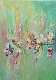 Pictură originală ulei pe p&acirc;nză &bdquo;Flori conturate pe verde de primăvară&rdquo; 42x60 cm. Certificat cu semnătura și ștampila artistului