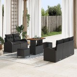 Set de sofa de gradina Gossi cu 8 piese si pernite negre din poliratan acacia, sofa de gradina cu 2 locuri Gossi cu spatiu de intretinere &amp; pernite ne