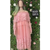 Rochie Roz din Dantela cu Maneca Lunga