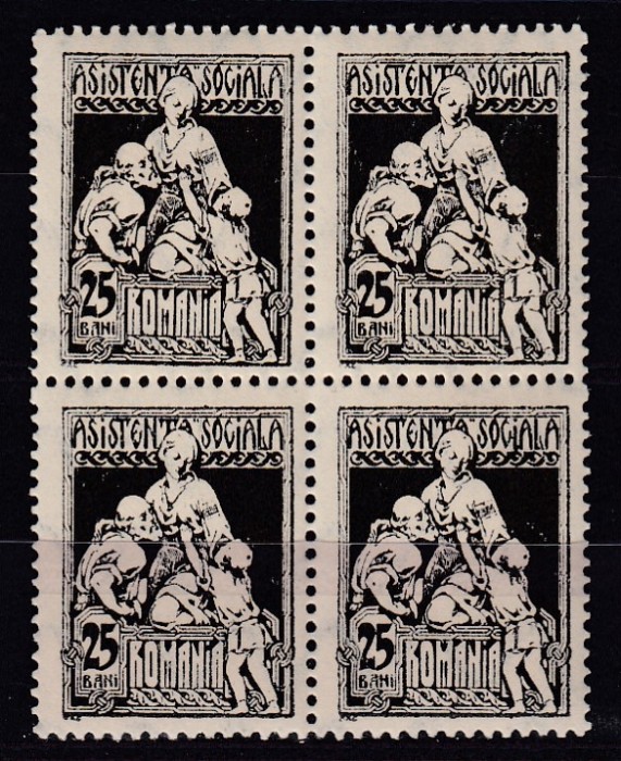ROMANIA 1928 ASISTENTA SOCIALA TIMBRE DE AJUTOR CU FILIGRAN ORIZONTAL BLOC DE 4 TIMBRE STARE MNH