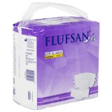 Scutece adulti Flufsan XL, 15 buc, super absorbante, protectie scurgeri, indicator umiditate, albe, 120-170 cm, fara latex