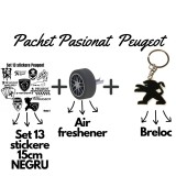Set Cadou Pasionati Peugeot , 13 Stickere Personalizate, Breloc 3D E i Air Freshener Roata 3D
