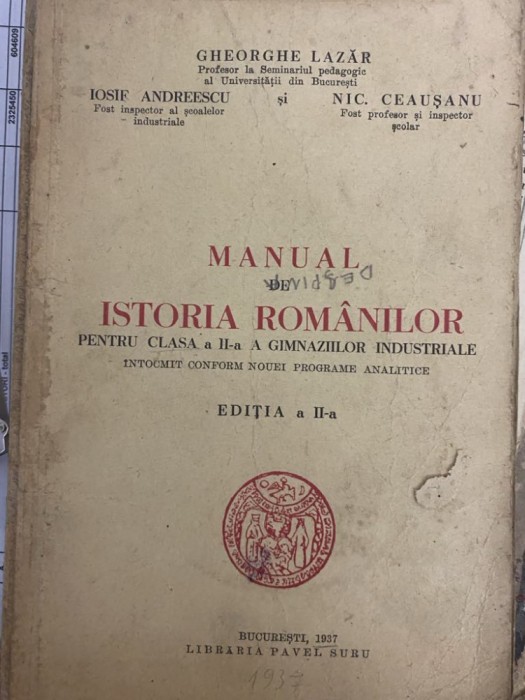 1937 Manual de Istoria Romanilor - Gheorghe Lazar, Iosif Andreescu, Nic, Ceausanu