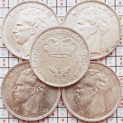 1161 Belgia 20 francs 1935 L&amp;eacute;opold III km 105 argint foto
