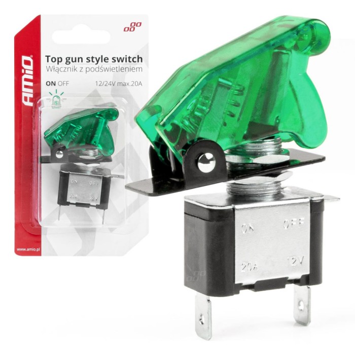 Comutator iluminat (intrerupator) cu protectie, destinatie auto, moto, atv, ssv, off-road, model &quot;top gun&quot;, tensiune 12v - 24v, culoare verde