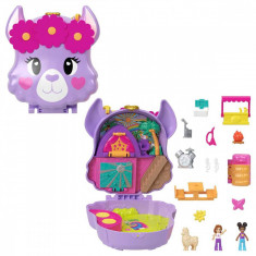 Set de joaca cu 2 papusi si 13 accesorii, Polly Pocket, Camp Adventure Llama, HKV33