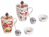 Cumpara ieftin Set 2 cani portelan, 2 infuzoare ceai, 2 farfurioare in cutii cadou Forest &Oslash; 8 cm x 10,5 H, 350 ml