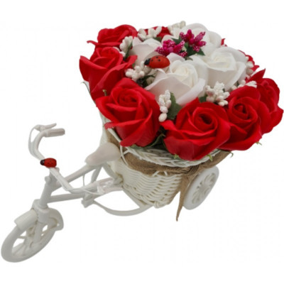 Aranjament floral trandafiri &amp;quot;Bicicleta cu flori zambarete&amp;quot;, flori de sapun, rosu cu alb, Dalimag, 30x17x15 cm foto