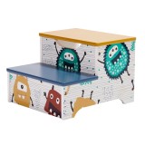 Scaunel pentru copii cu treapta din lemn cu 2 trepte spatiu de depozitare maner pentru transport - MONSTER., Ginger Home