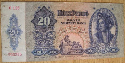B11 33 - Bancnota foarte veche - Ungaria - 20 pengo - 1941 foto