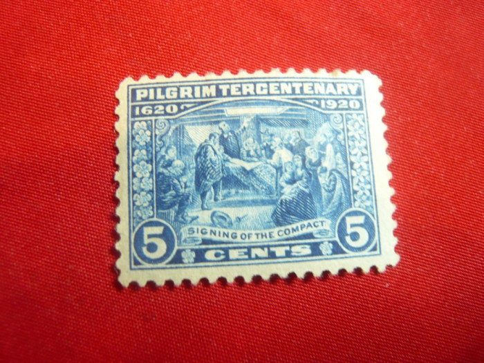 Timbru 5C albastru SUA 1920 -300 Ani Pilgrim ,cu reclama filatelica pe spate
