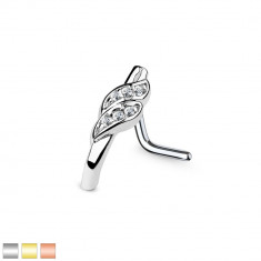 Piercing de nas din oțel 316L, curbat – bandă netedă, dungă dublă, zirconii transparente, 1 mm - Culoare Piercing: Medena