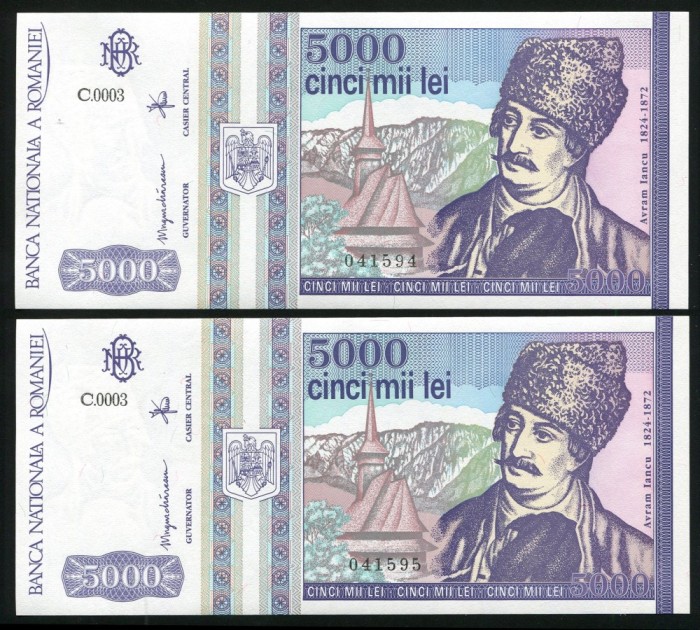 q535 PERECHE CONSECUTIVA 5000 LEI 1993 NECIRCULATA UNC