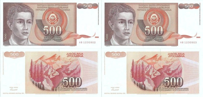 2 &times; 1991 , 500 dinara ( P-109a ) - Iugoslavia - stare UNC