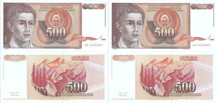 2 &times; 1991 , 500 dinara ( P-109a ) - Iugoslavia - stare UNC