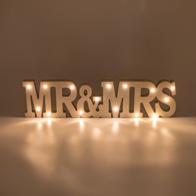 Decorațiune Suspendabilă Lemn, Mr &amp;amp; Mrs, Lumină Caldă Albă, Bej, 48x2.2x12cm, Baterii Incluse foto