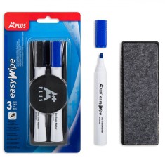 Set Markere Pentru Tabla Alba, A Plus, EasyWipe, 3 Bucăți, Culoare Negru și Albastru, Cu Burete Suport