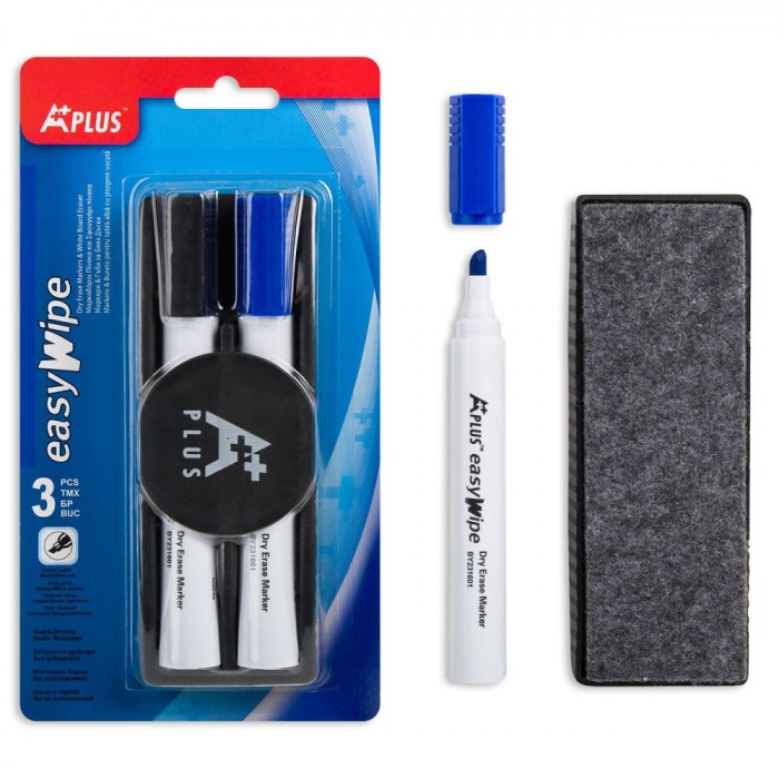 Set Markere Pentru Tabla Alba, A Plus, EasyWipe, 3 Bucăți, Culoare Negru și Albastru, Cu Burete Suport