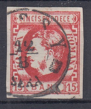 ROMANIA 1869 LP 27 REGELE CAROL I CU FAVORITI 15 BANI ROSU STAMPILAT IASI foto