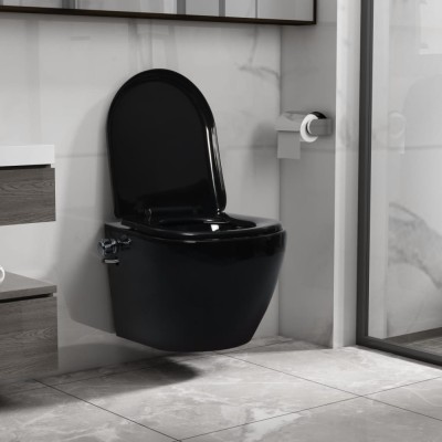 vidaXL Vas WC suspendat fără ramă cu funcție de bideu, negru, ceramică foto