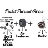 Set Cadou Pasionati Nissan , 13 Stickere Personalizate, Breloc 3D si Air Freshener Roata 3D