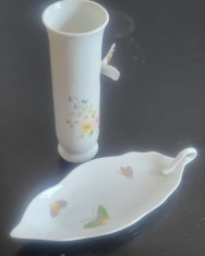 Doua piese portelan pictat, set vas flori-soliflora si castronel- unic bol