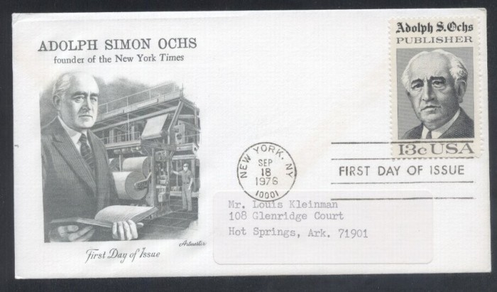 United States 1976 Adolph S Ochs FDC K.705
