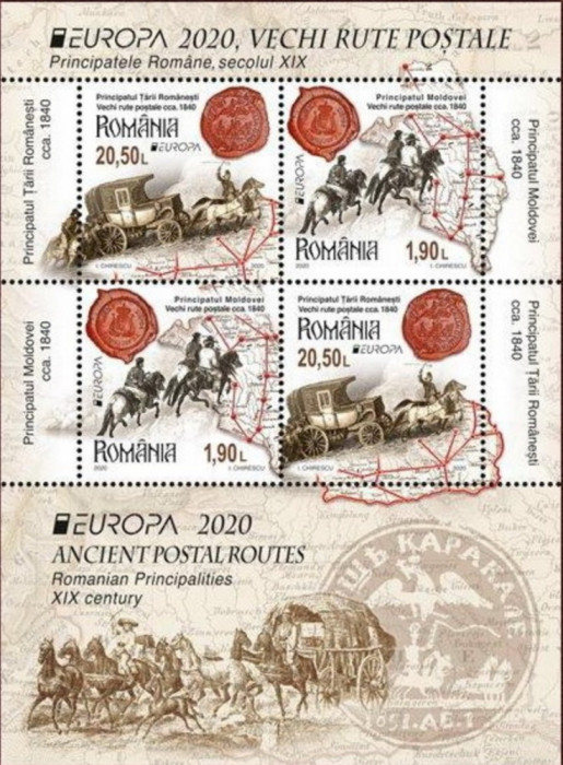 ROMANIA 2020 -EUROPA - Vechi rute postale--Bloc tip II cu 2 serii LP.2280B MNH