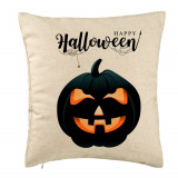 Perna Decorativa cu motiv Dovleac de Halloween si Text, 40x40 cm, Bej, Husa Detasabila, Burduf