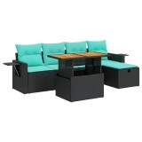Set mobilier gradina perne 6 piese negru poliratan/lemn acacia