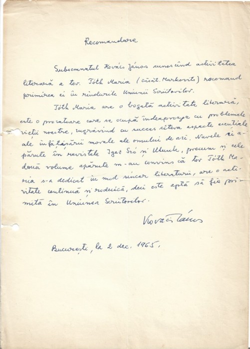 A3256N Document scris și semnat olograf de Kov&aacute;cs J&aacute;nos referitor la T&oacute;th Maria, 1965