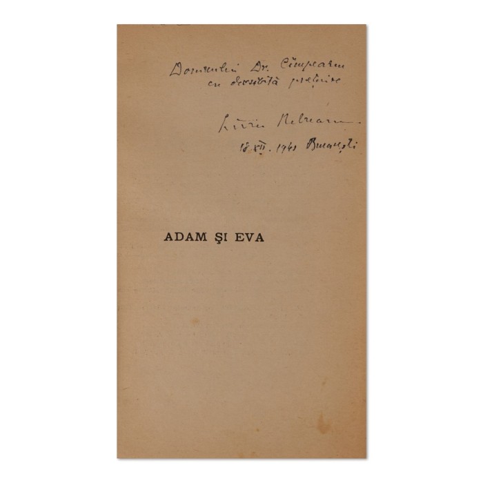 Liviu Rebreanu, Adam și Eva, 1941, cu dedicație pentru dr. C&icirc;mpeanu
