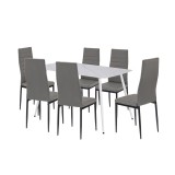 Set masa si scaune Renton 6+1 Leziter Gri-Negru, Piatra Sinterizata, Piele Textila, Rezistent Zgarieturi