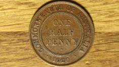 R08 Australia -moneda istorica bronz- 1/2 Half penny 1920 XF+ GeorgeV an rar superba