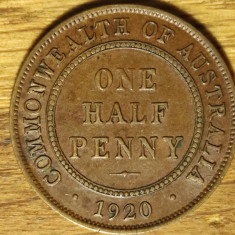 Australia -moneda istorica bronz- 1/2 Half penny 1920 XF+ GeorgeV an rar superba