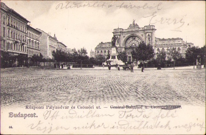 CP541N Budapest K&ouml;zponti p&aacute;lyaudvar &eacute;s a Cs&ouml;m&ouml;ri &uacute;t postcard circulated Torda/Turda