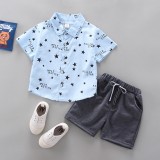 Costum Bebelusi Baieti Superbaby, Camasa Bleu Stelute + Pantalonasi Gri, Bumbac, 9-24 luni, 2 ani