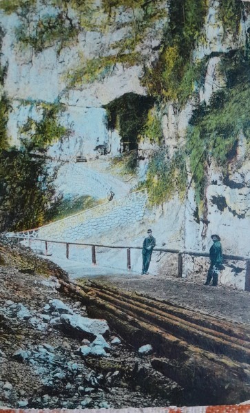 Carte postala, Campulung, Intrarea in Pestera Dambovicioara, perioada interbelica