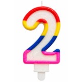 Cumpara ieftin Lumanare aniversara cifra 2 cu sclipici, multicolora rosu, galben, albastru si roz, pentru tort si decor festiv, cu suport de fixare